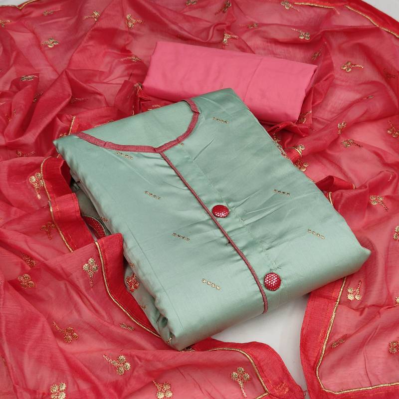 olive cotton embroidered dress material