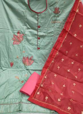 olive cotton embroidered dress material 2