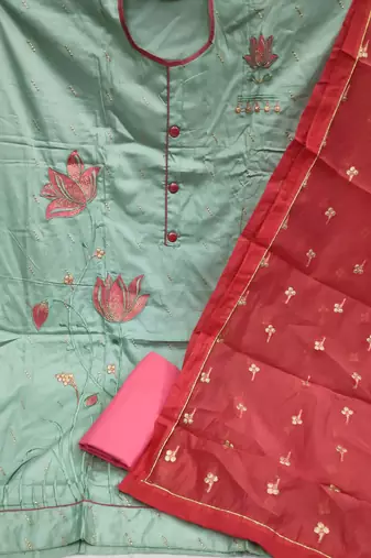olive cotton embroidered dress material