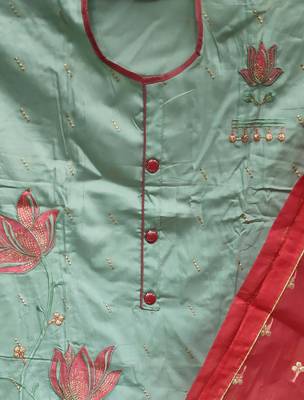 olive cotton embroidered dress material 3