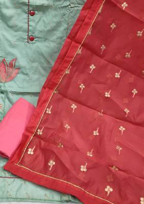 olive cotton embroidered dress material 4