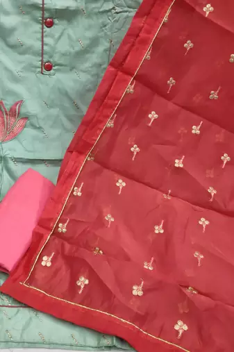 olive cotton embroidered dress material
