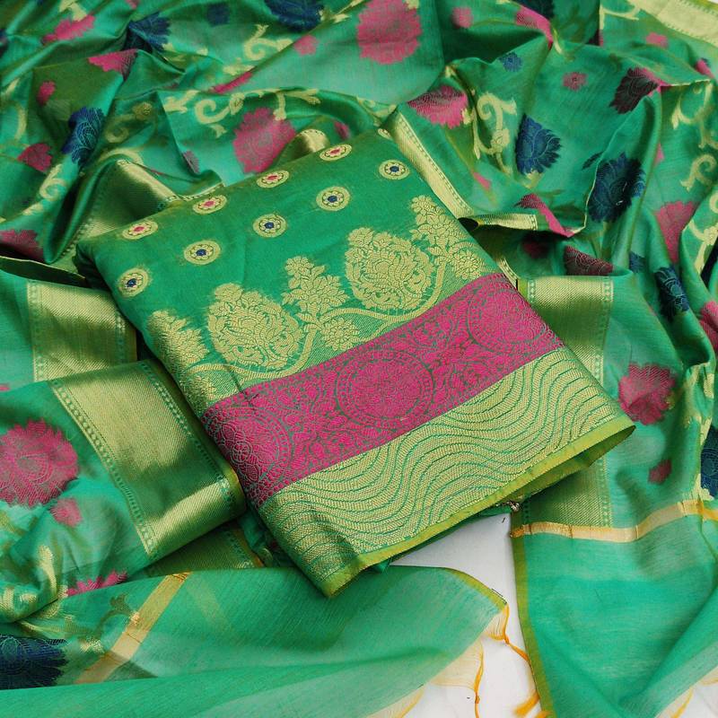 green jacquard woven dress material