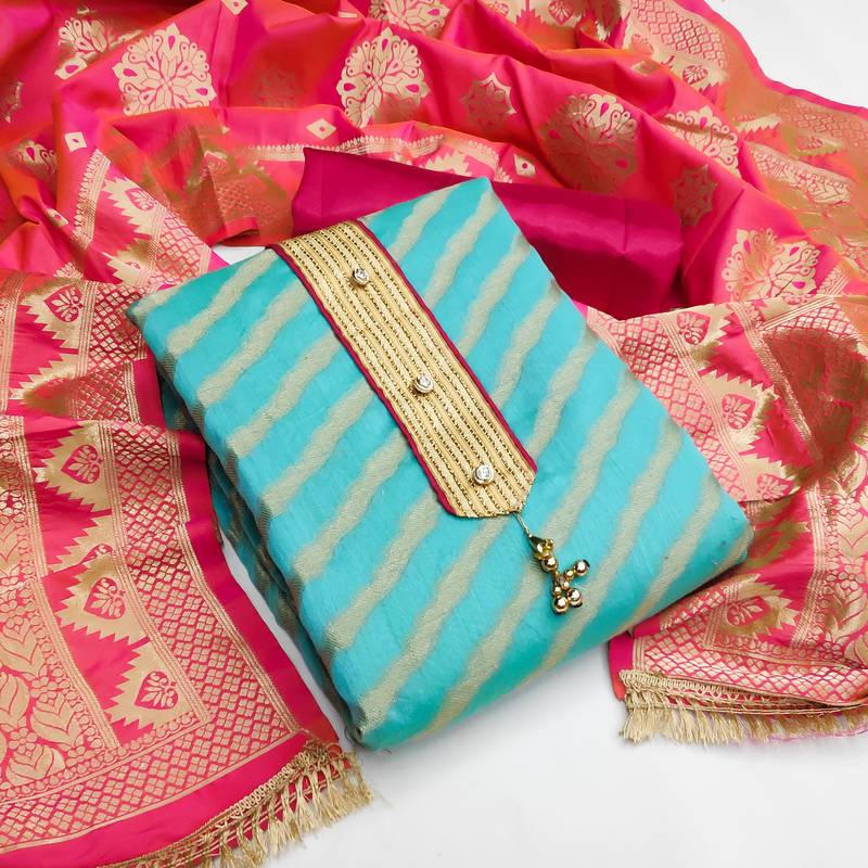 sky blue jacquard woven dress material