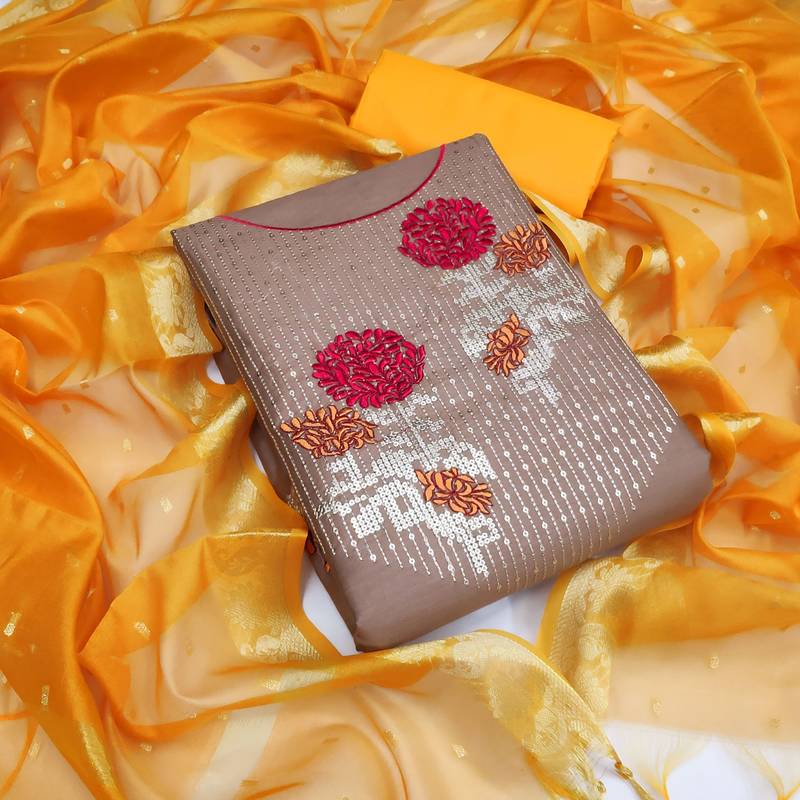 light brown cotton embroidered dress material