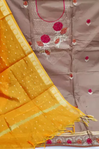 light brown cotton embroidered dress material
