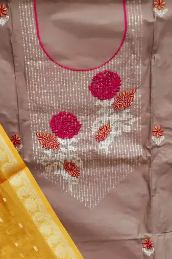 light brown cotton embroidered dress material