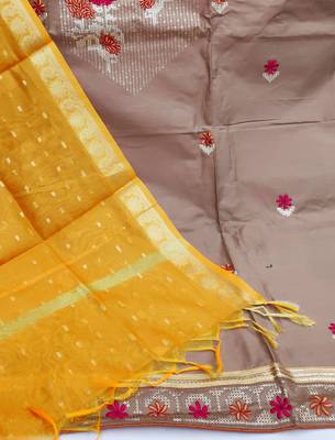 light brown cotton embroidered dress material 4