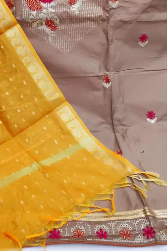 light brown cotton embroidered dress material