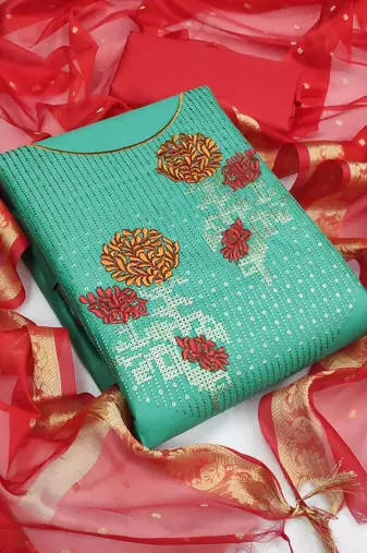 sky blue cotton embroidered dress material