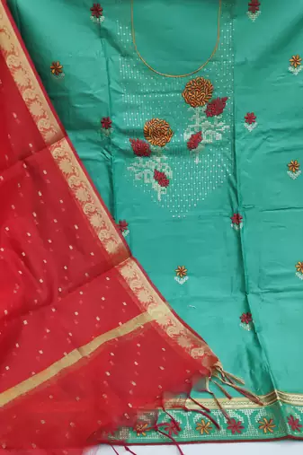 sky blue cotton embroidered dress material