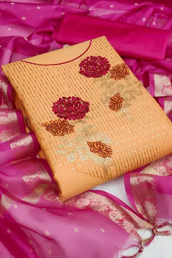 beige cotton embroidered dress material