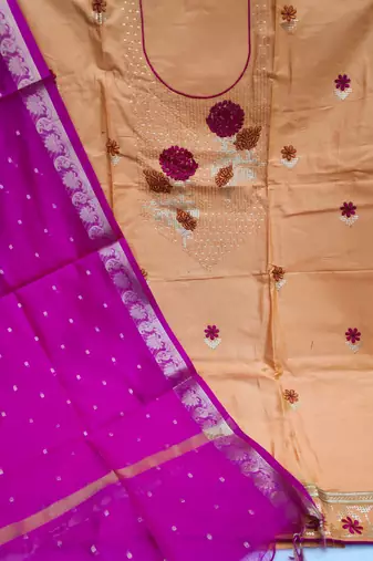 beige cotton embroidered dress material
