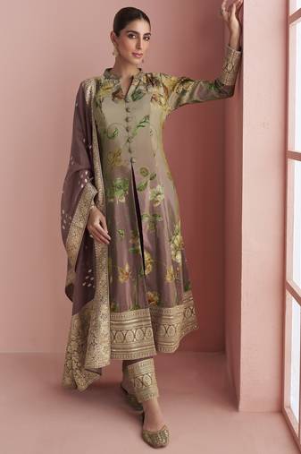 Onion silk embroidered Anarkali with pant and dupatta