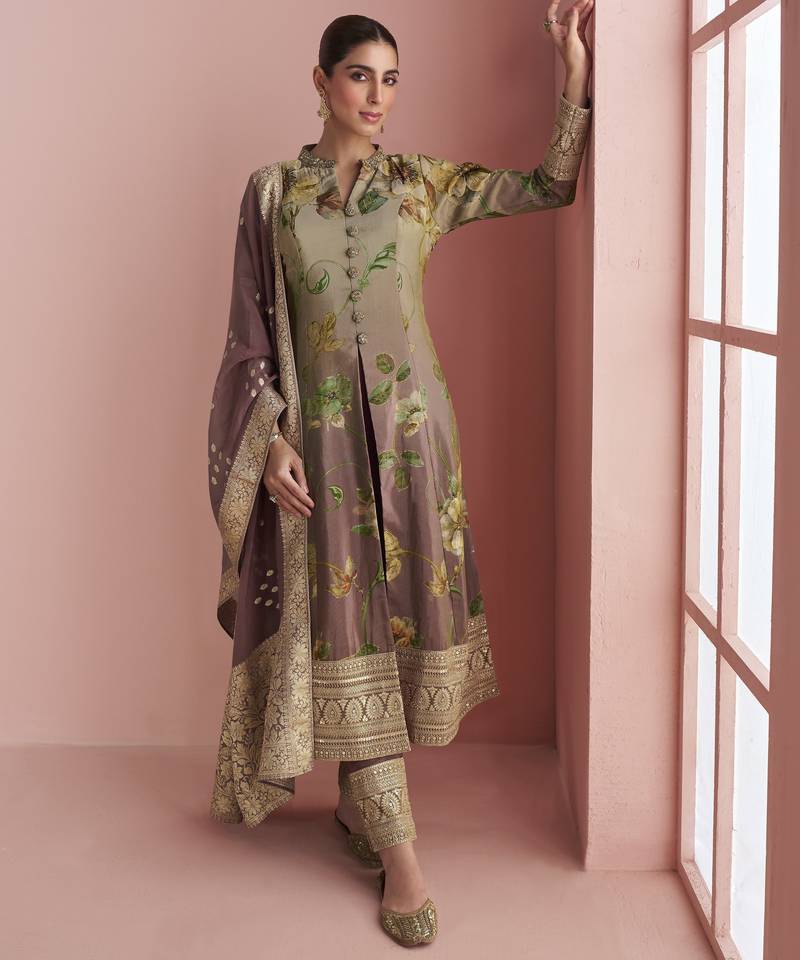 Onion silk embroidered Anarkali with pant and dupatta