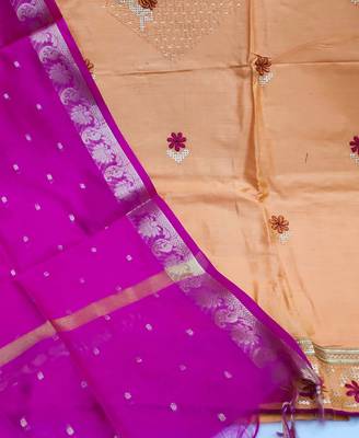 beige cotton embroidered dress material 4