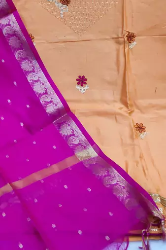 beige cotton embroidered dress material