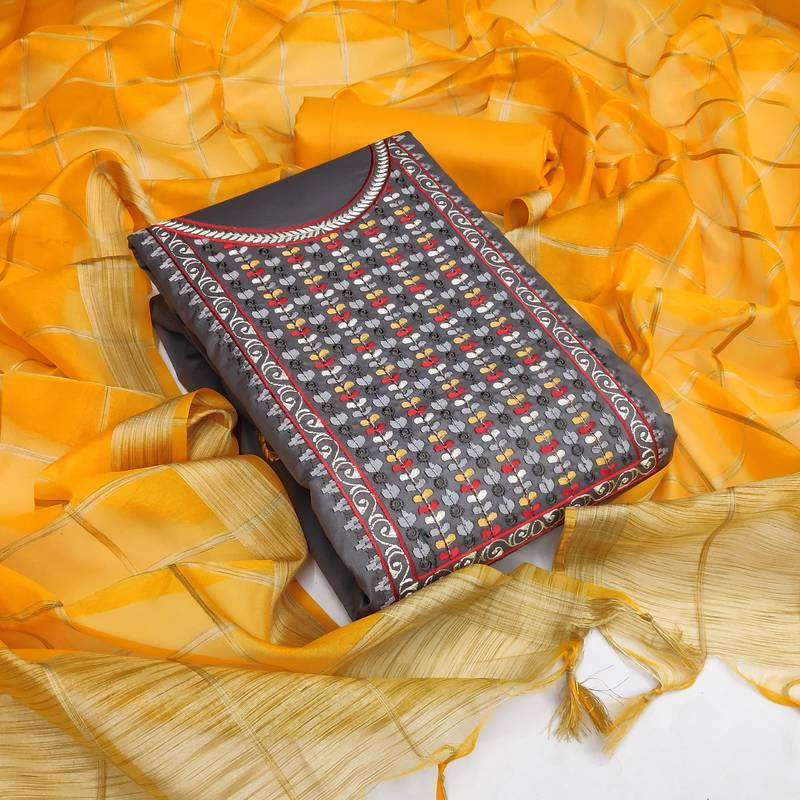 grey cotton embroidered dress material