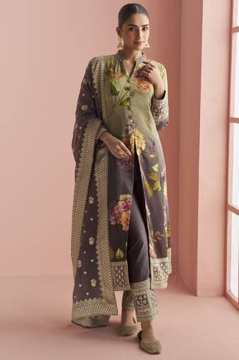 Wine silk embroidered Anarkali with pant and dupatta