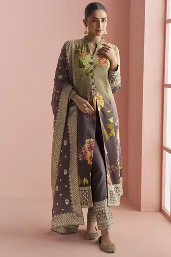 Wine silk embroidered Anarkali with pant and dupatta