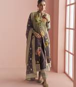 Wine silk embroidered Anarkali with pant and dupatta