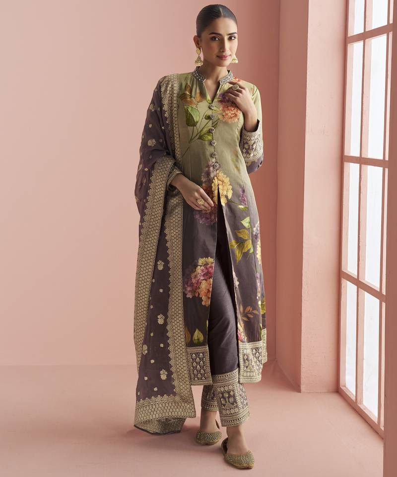 Wine silk embroidered Anarkali with pant and dupatta