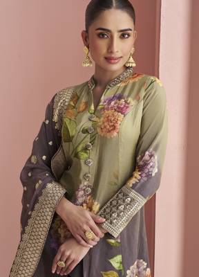Wine silk embroidered Anarkali with pant and dupatta 2