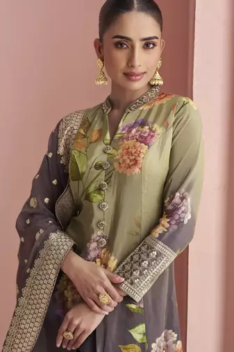 Wine silk embroidered Anarkali with pant and dupatta