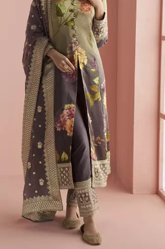 Wine silk embroidered Anarkali with pant and dupatta