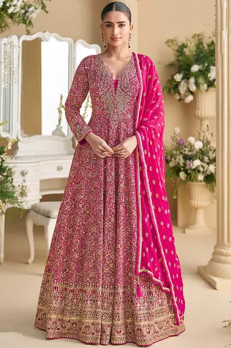 Pink georgette embroidered seroski zarkan anarkali suit