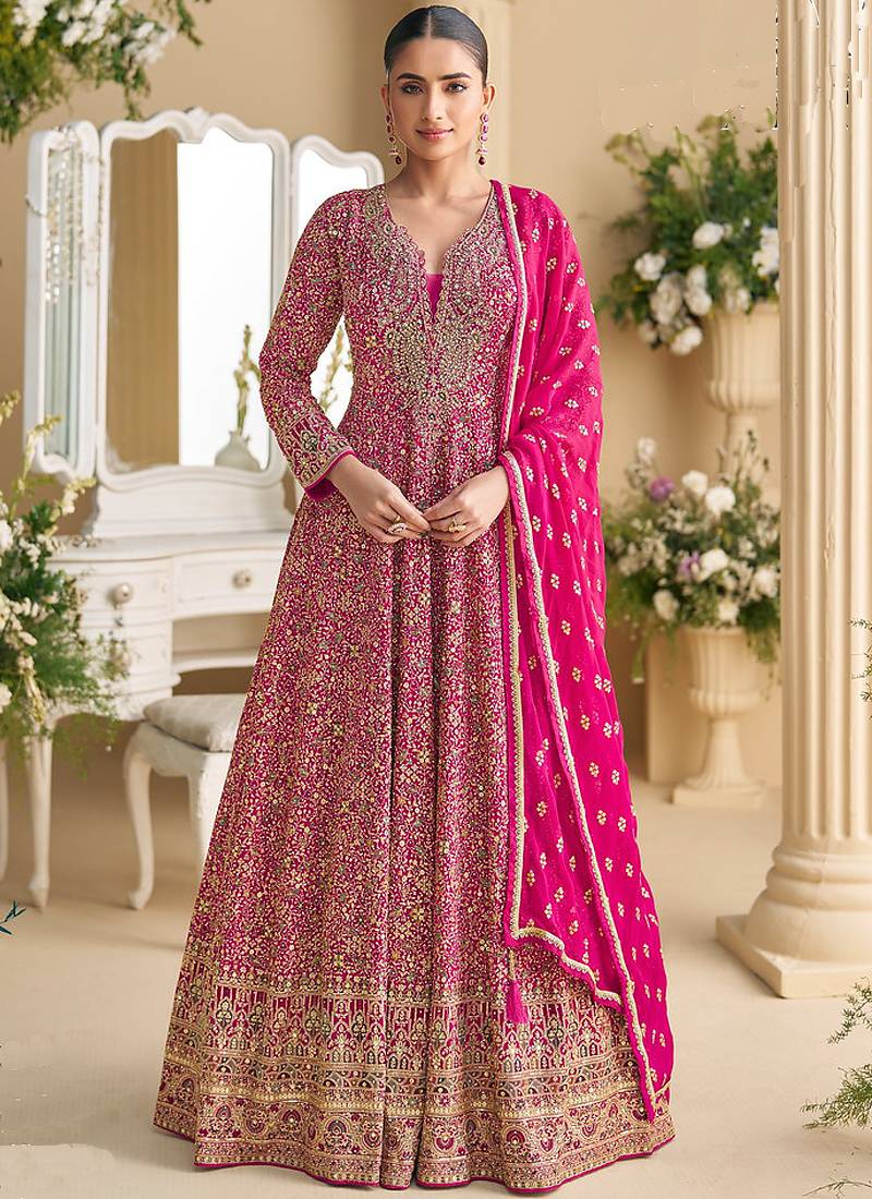Pink georgette embroidered zarkan anarkali suit