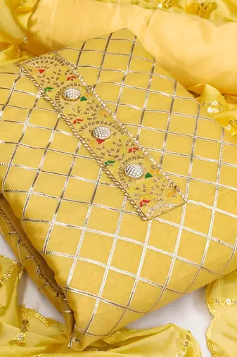 yellow cotton embroidered dress material