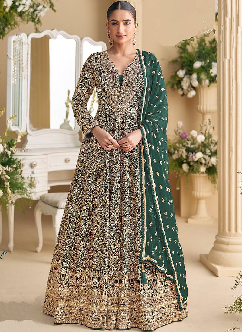 Green georgette embroidered seroski zarkan anarkali suit