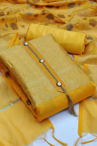 yellow jacquard woven dress material