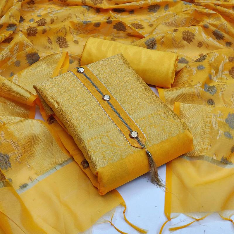 yellow jacquard woven dress material