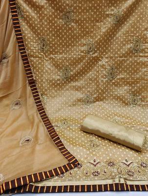 beige cotton embroidered dress material 2