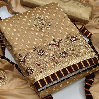 beige cotton embroidered dress material 3