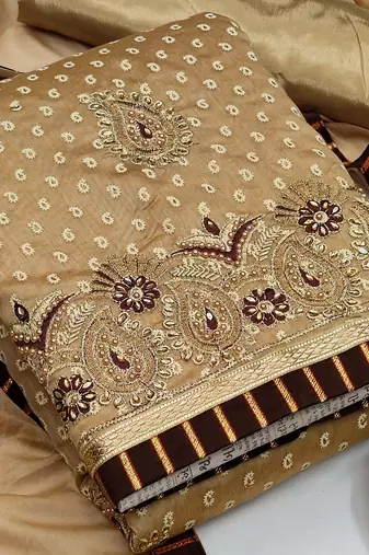 beige cotton embroidered dress material