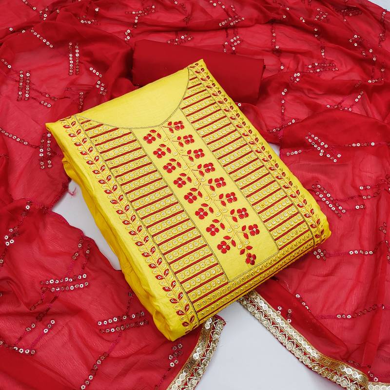 yellow cotton sequins dress material