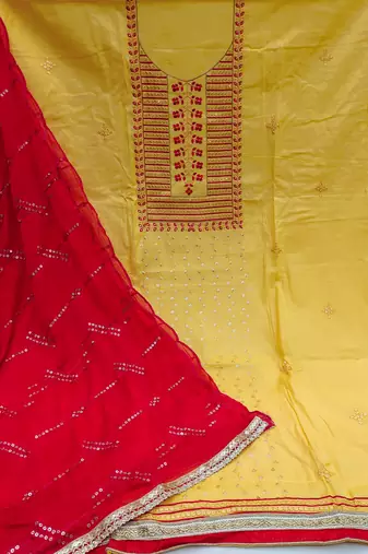 yellow cotton sequins dress material
