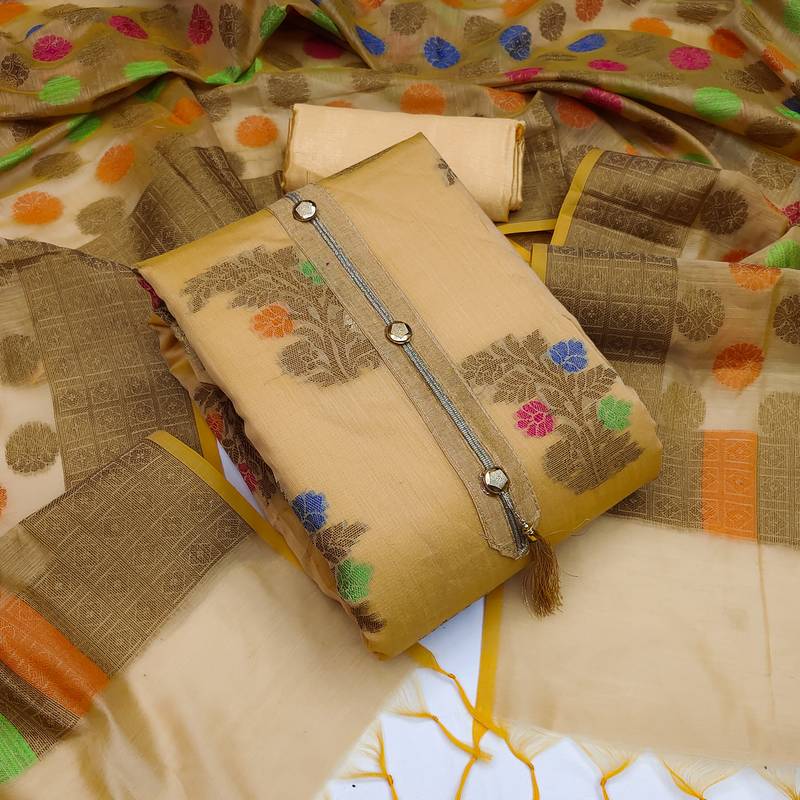 beige jacquard woven dress material