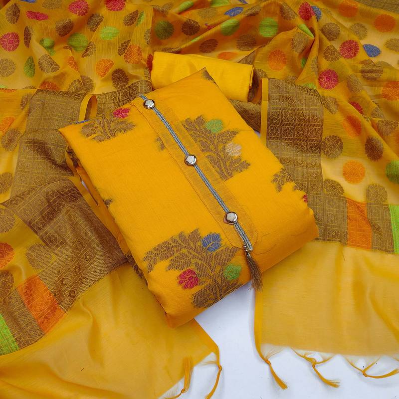 yellow jacquard woven dress material
