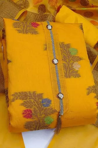 yellow jacquard woven dress material