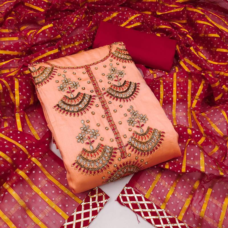 peach cotton hand embroidery dress material