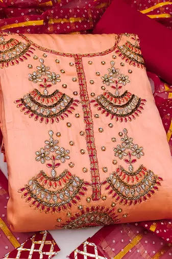 peach cotton hand embroidery dress material