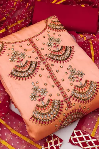 peach cotton hand embroidery dress material