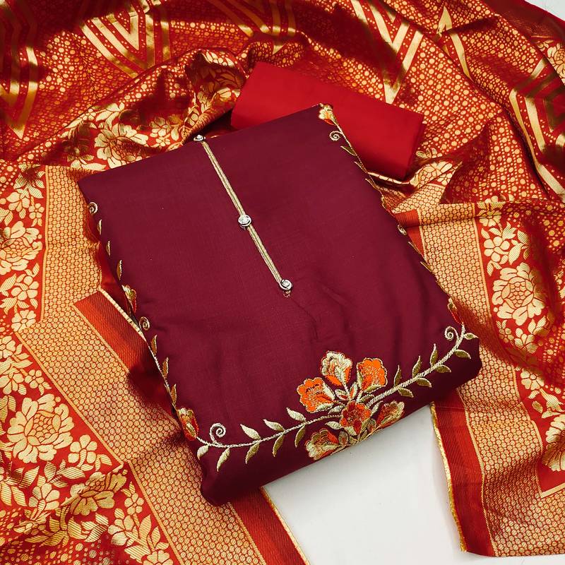 maroon cotton embroidered dress material
