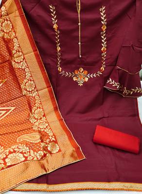 maroon cotton embroidered dress material 2
