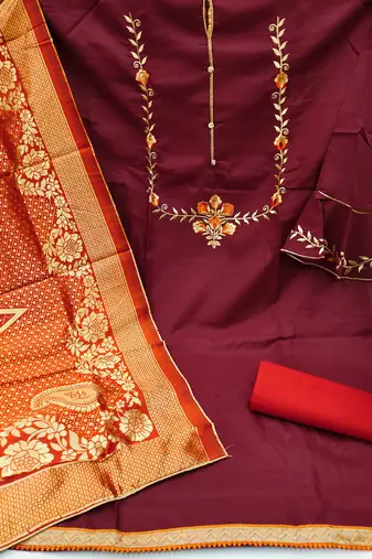 maroon cotton embroidered dress material