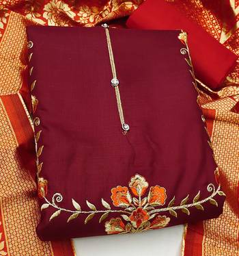 maroon cotton embroidered dress material 3